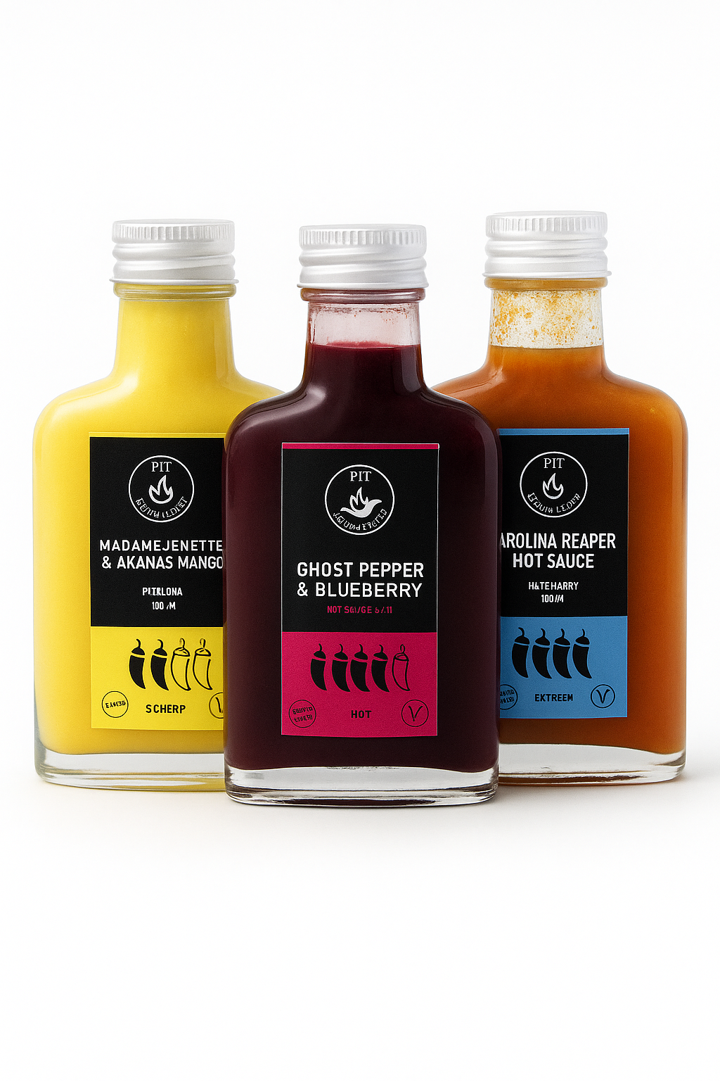 Saus Met Pit - Carolina Reaper | Ghost Pepper & Bosbessen | Madame Jeanette & Mango Hot Sauce - 3 Pack