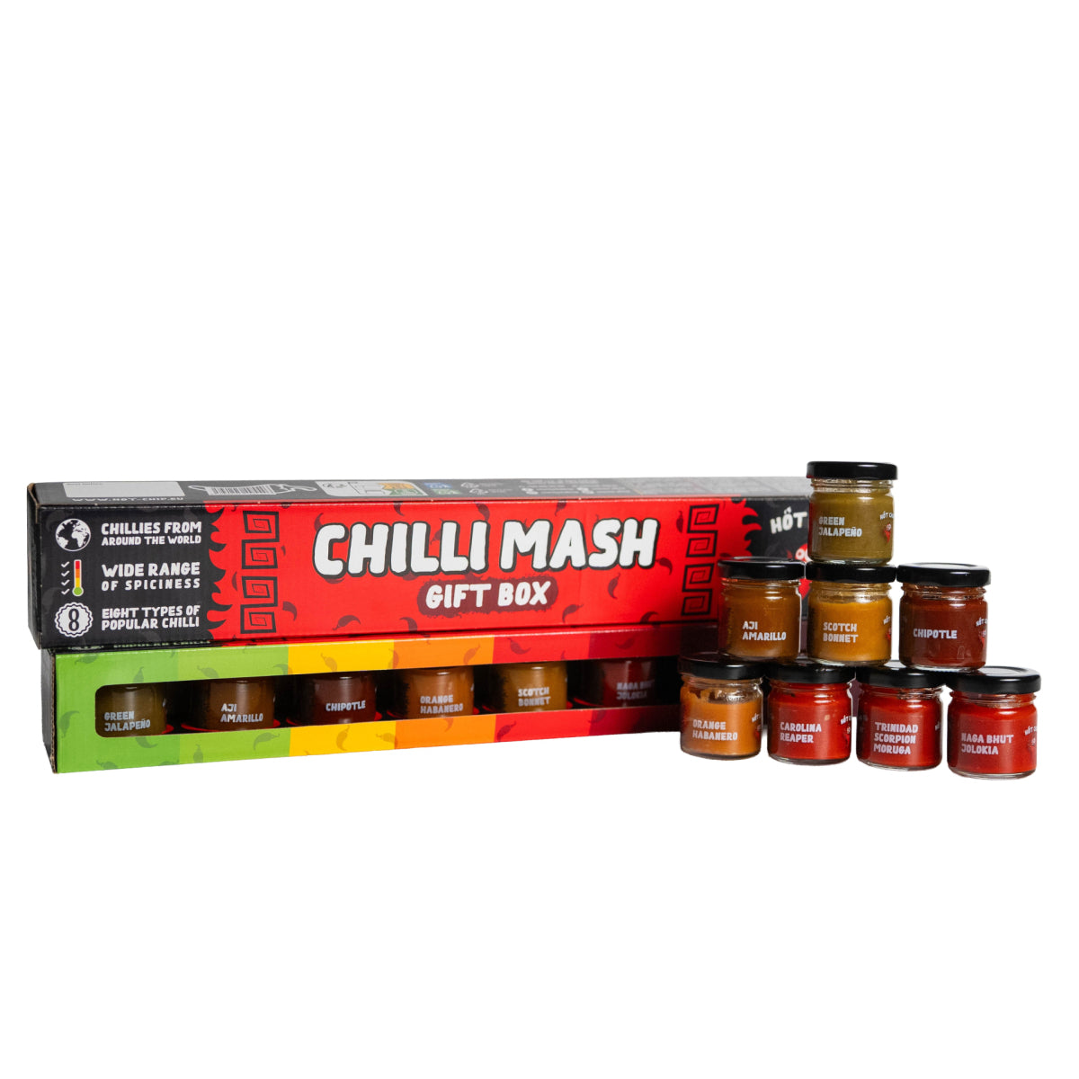 HOT-CHIP Chilipuree Proeverijset – 8 Pepersoorten - Gift Set (8 x 35 ml)