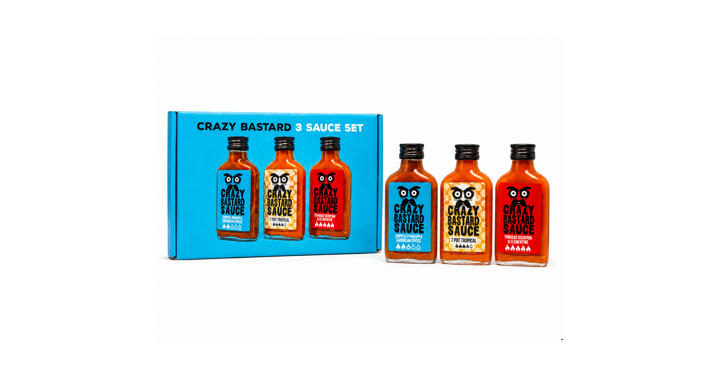 Crazy Bastard Caribbean Box – Hot Sauce Cadeauset – 3 set – 3x100ml – Tropische Hot Sauce