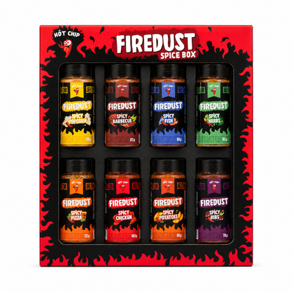 HOT-CHIP Firedust Kruiden Cadeauset – 8 Pittige Kruidenmixen – Voor BBQ, Vlees, Pizza, Snacks, Popcorn en Marinades