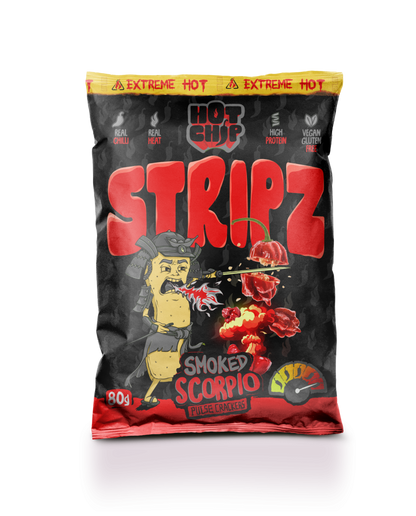 HOT-CHIP STRIPZ Smoked Scorpio 80 g – Extreem Pittige Vegan Eiwitsnack met Trinidad Scorpion