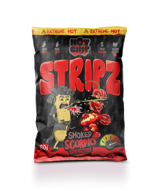 HOT-CHIP STRIPZ Smoked Scorpio 80 g – Extreem Pittige Vegan Eiwitsnack met Trinidad Scorpion