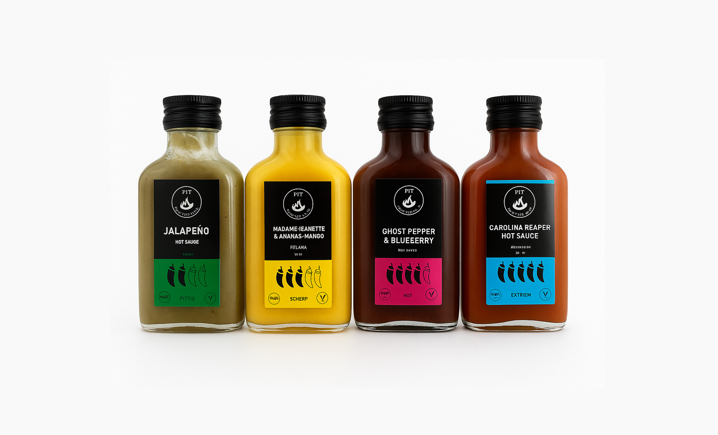 Saus Met Pit - Hete Sauzen Pakket met 4 Hot Sauces - Carolina Reaper, Jalapeño, Madame Jeanette, Ghost Pepper