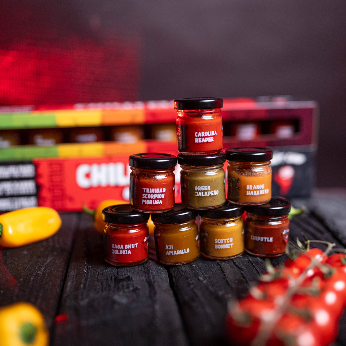HOT-CHIP Chilipuree Proeverijset – 8 Pepersoorten - Gift Set (8 x 35 ml)