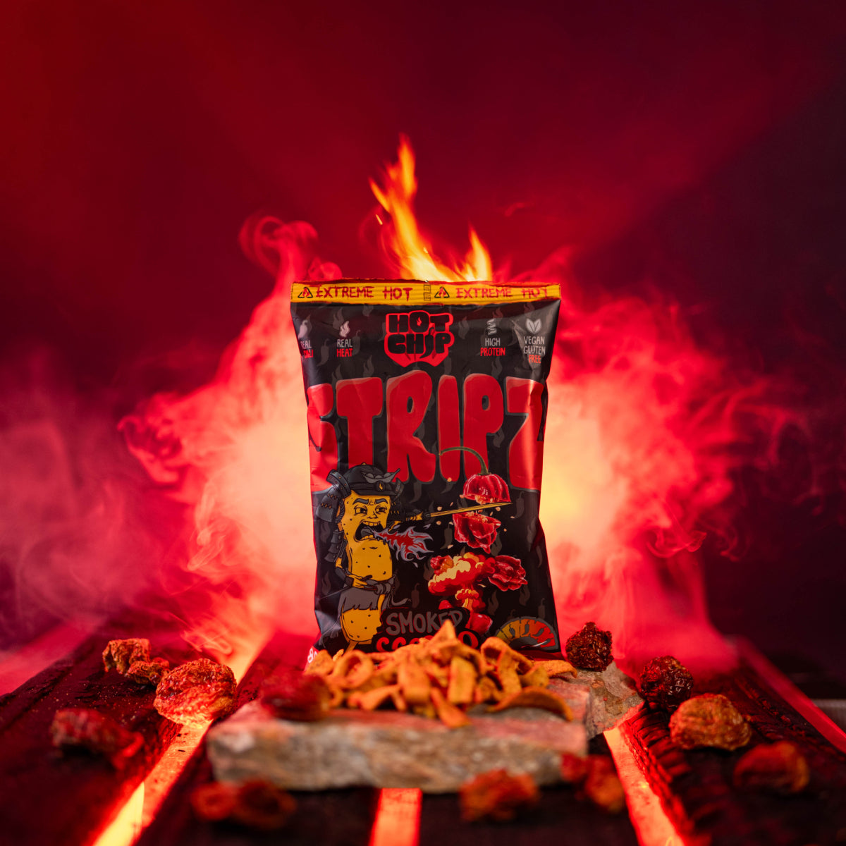 HOT-CHIP STRIPZ Smoked Scorpio 80 g – Extreem Pittige Vegan Eiwitsnack met Trinidad Scorpion