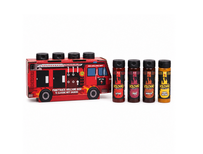 Firetruck Hot Sauce Gift Box – 4 Pittige Sauzen – Ketchup, Honing-Mosterd, BBQ & Uiensaus